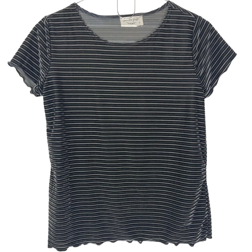 Lavender Field Velvet Burnout Striped Top S Black Gray Short Sleeve Lettuce Hem